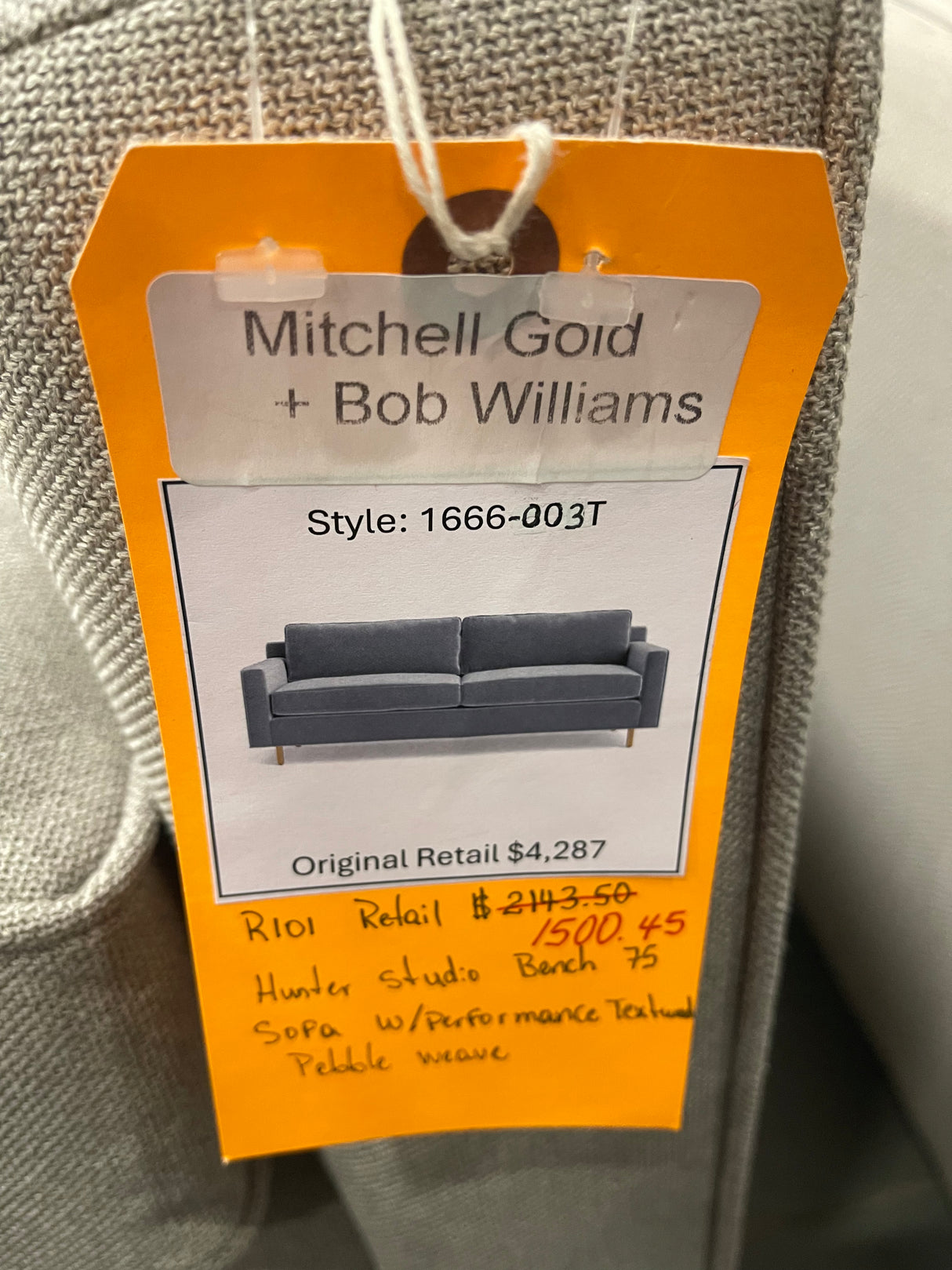 Mitchell Gold + Bob Williams Hunter Studio 75 Bench Sofa with Performance Texture Pebble Weave